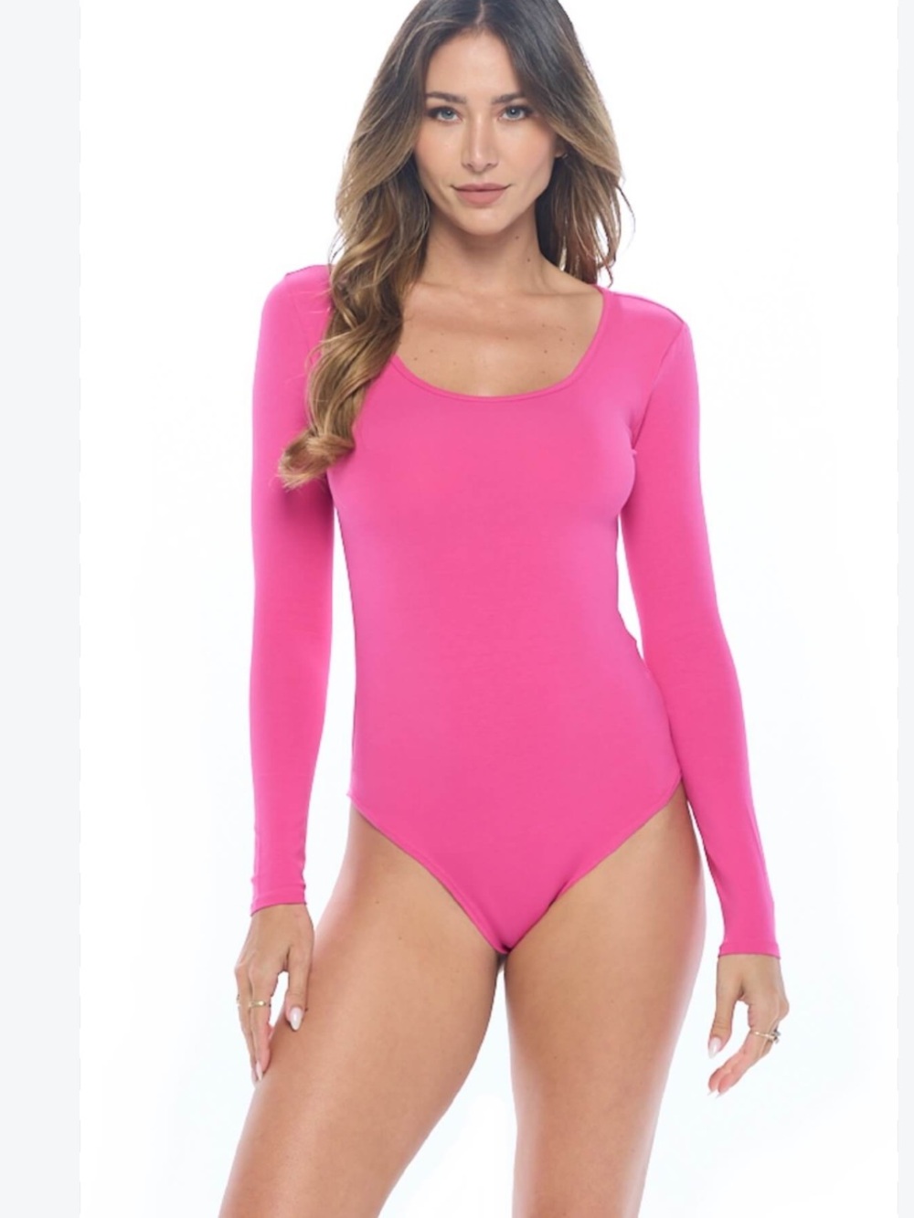 Fitted Long Sleeve Scoop Neck Bodysuit in Bright Pink